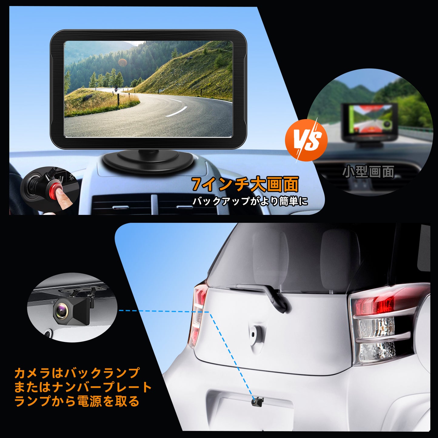 7インチAHDバックカメラモニターセット 1080P 超暗視機能.常時使用可能 140度広角 DIYガイドライン 正像 鏡像切替 穴開けなく 2種類の電源供給方法 初心者にも簡単に取付可能 駐車支援システム 12V-24V車両に対応。