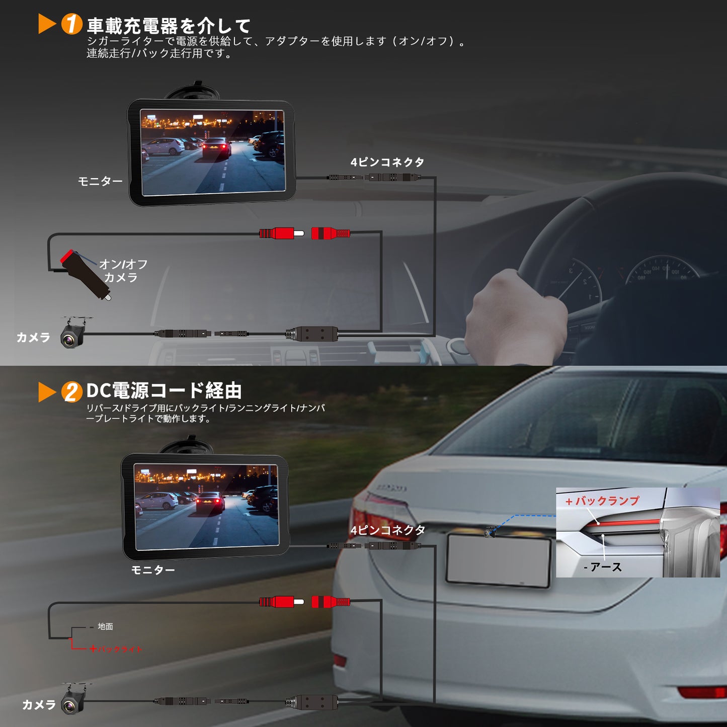 7インチAHDバックカメラモニターセット 1080P 超暗視機能.常時使用可能 140度広角 DIYガイドライン 正像 鏡像切替 穴開けなく 2種類の電源供給方法 初心者にも簡単に取付可能 駐車支援システム 12V-24V車両に対応。