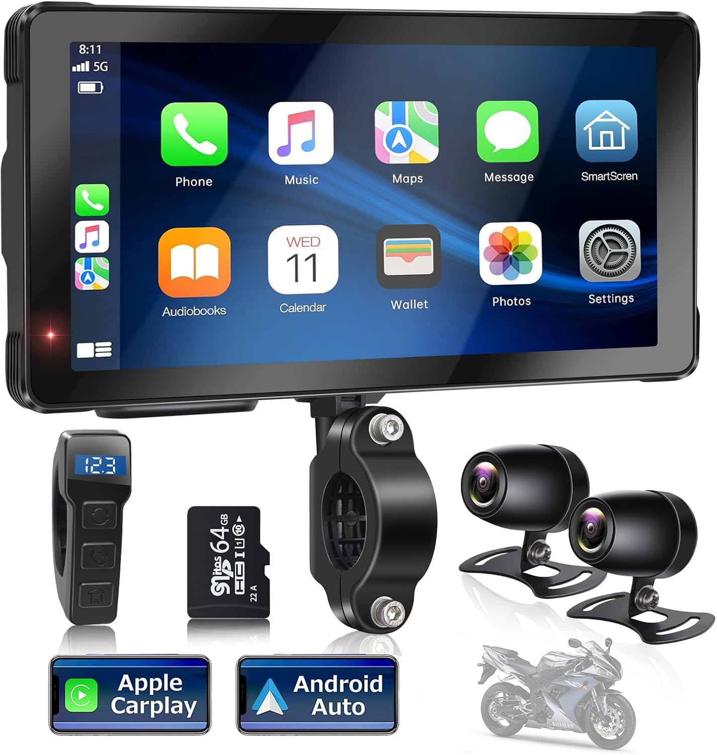 Portable Motorcycle Carplay with Wire Control,Wireless Carplay/Android Auto,Dual HD 1080P Cameras,5.5 Inch IPS Touch Screen, Dual Bluetooth, IP67 Waterproof, Siri & Google Voice, 64 TF Card