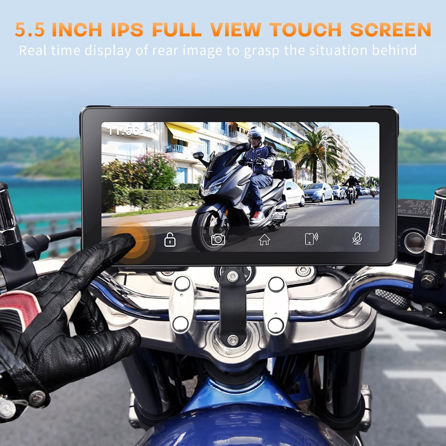 Portable Motorcycle Carplay with Wire Control,Wireless Carplay/Android Auto,Dual HD 1080P Cameras,5.5 Inch IPS Touch Screen, Dual Bluetooth, IP67 Waterproof, Siri & Google Voice, 64 TF Card