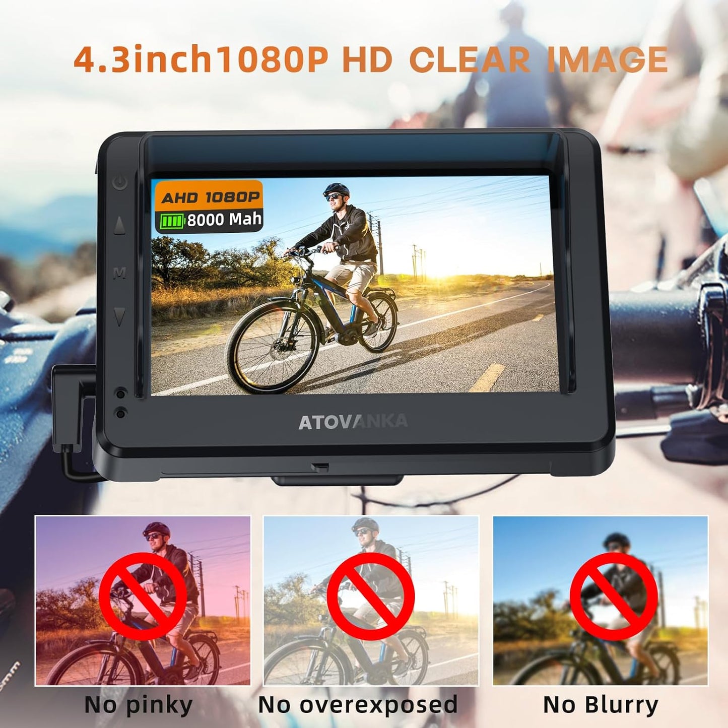 Bike Rear View Camera, Bicycle Mirror Camera Bulit in 8000mAh Rechargeable Battery,4.3" HD 1080P Monitor Bicycle Rear View Mirror Camera for E-Bike,Mountain, Road Bike