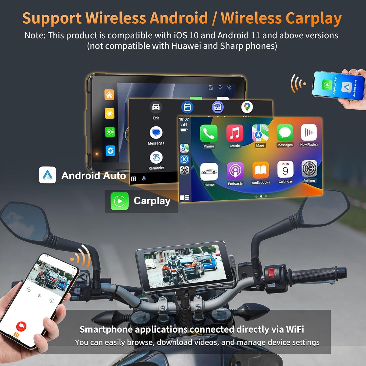 Portable Motorcycle Carplay with Wire Control,Wireless Carplay/Android Auto,Dual HD 1080P Cameras,5.5 Inch IPS Touch Screen, Dual Bluetooth, IP67 Waterproof, Siri & Google Voice, 64 TF Card