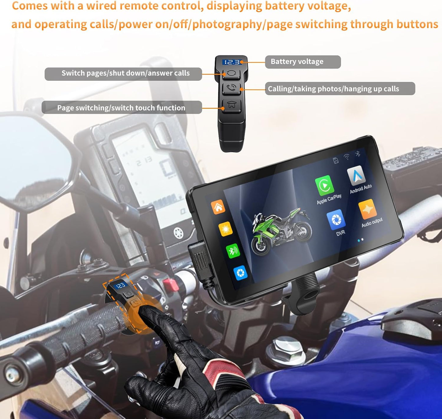 Portable Motorcycle Carplay with Wire Control,Wireless Carplay/Android Auto,Dual HD 1080P Cameras,5.5 Inch IPS Touch Screen, Dual Bluetooth, IP67 Waterproof, Siri & Google Voice, 64 TF Card