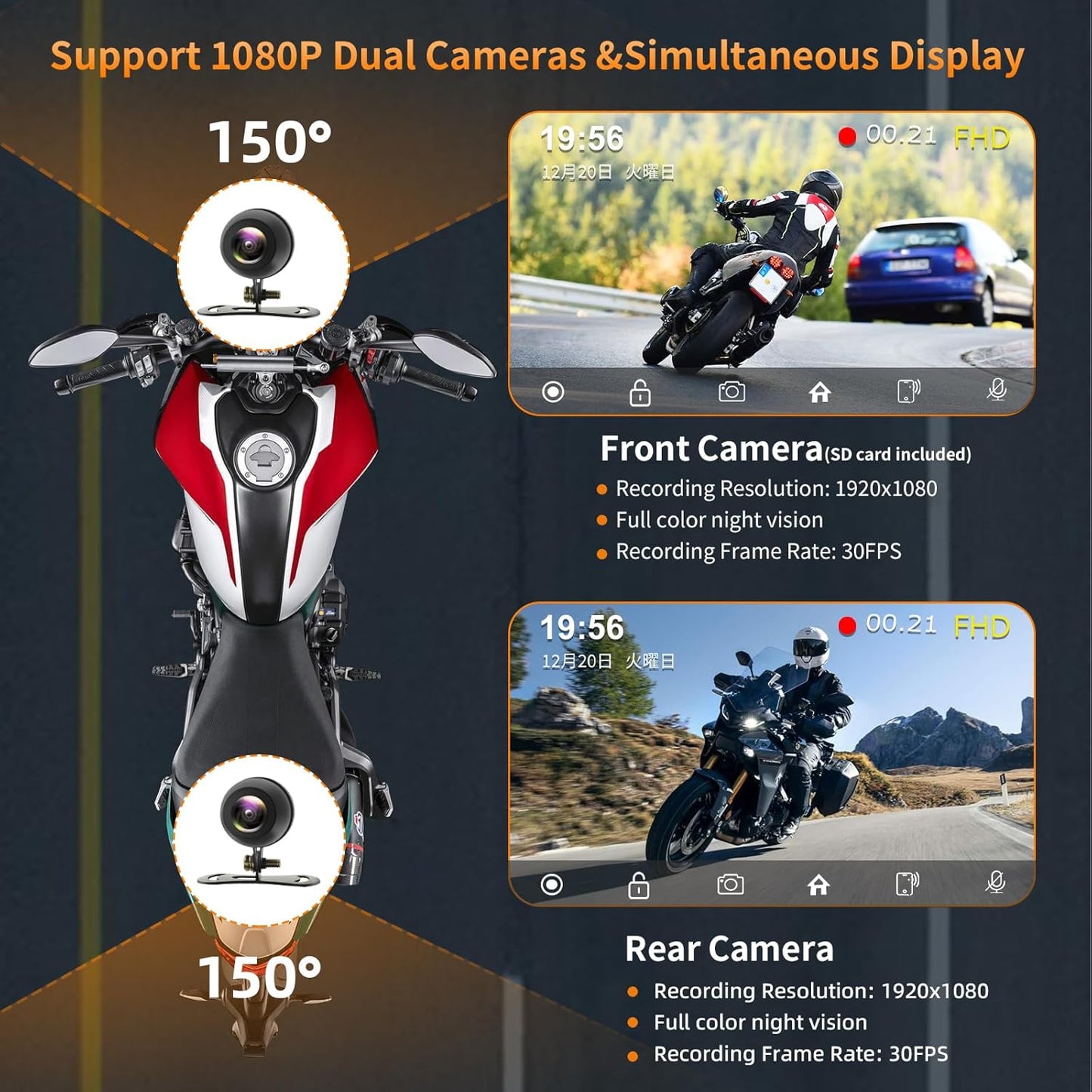 Portable Motorcycle Carplay with Wire Control,Wireless Carplay/Android Auto,Dual HD 1080P Cameras,5.5 Inch IPS Touch Screen, Dual Bluetooth, IP67 Waterproof, Siri & Google Voice, 64 TF Card