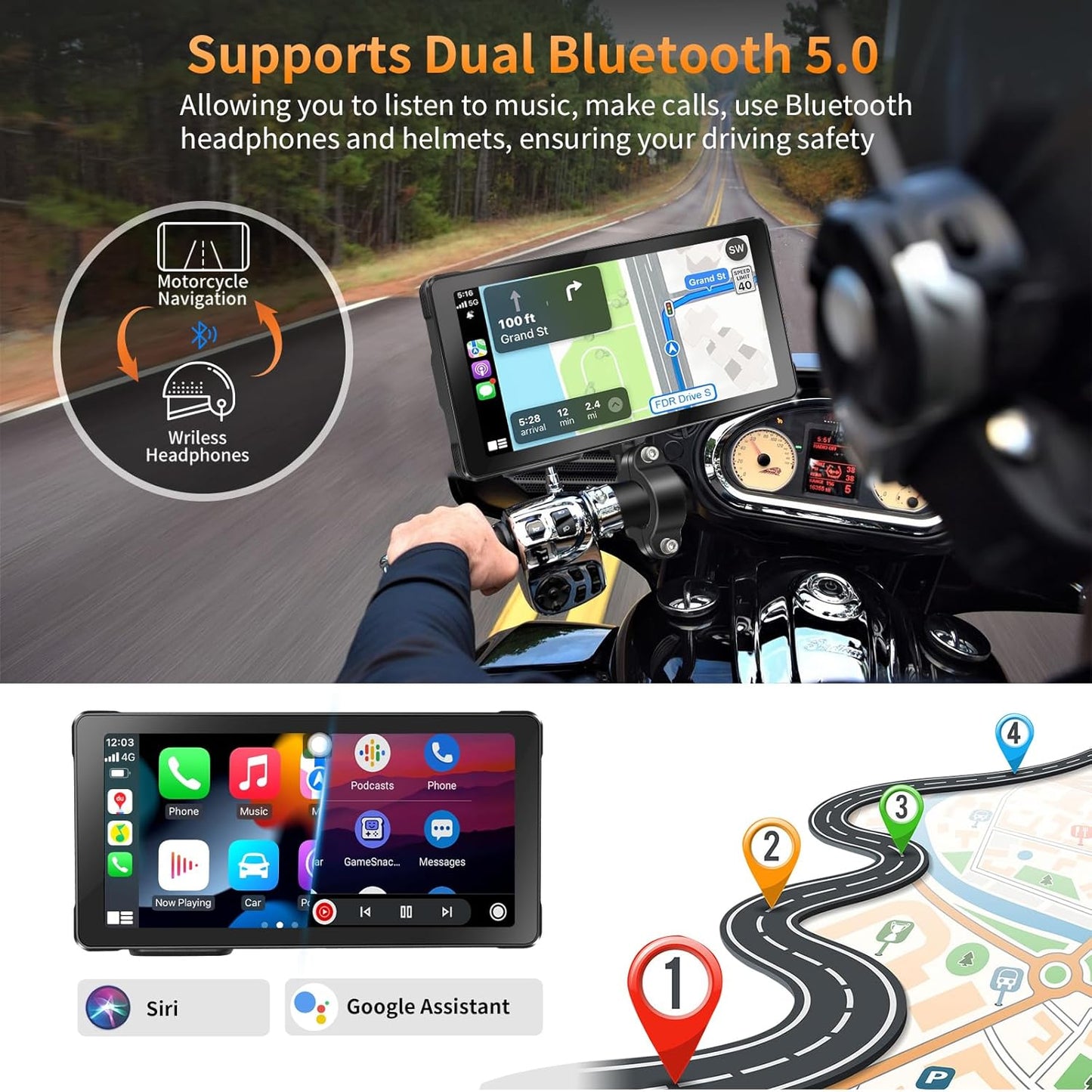 Portable Motorcycle Carplay with Wire Control,Wireless Carplay/Android Auto,Dual HD 1080P Cameras,5.5 Inch IPS Touch Screen, Dual Bluetooth, IP67 Waterproof, Siri & Google Voice, 64 TF Card