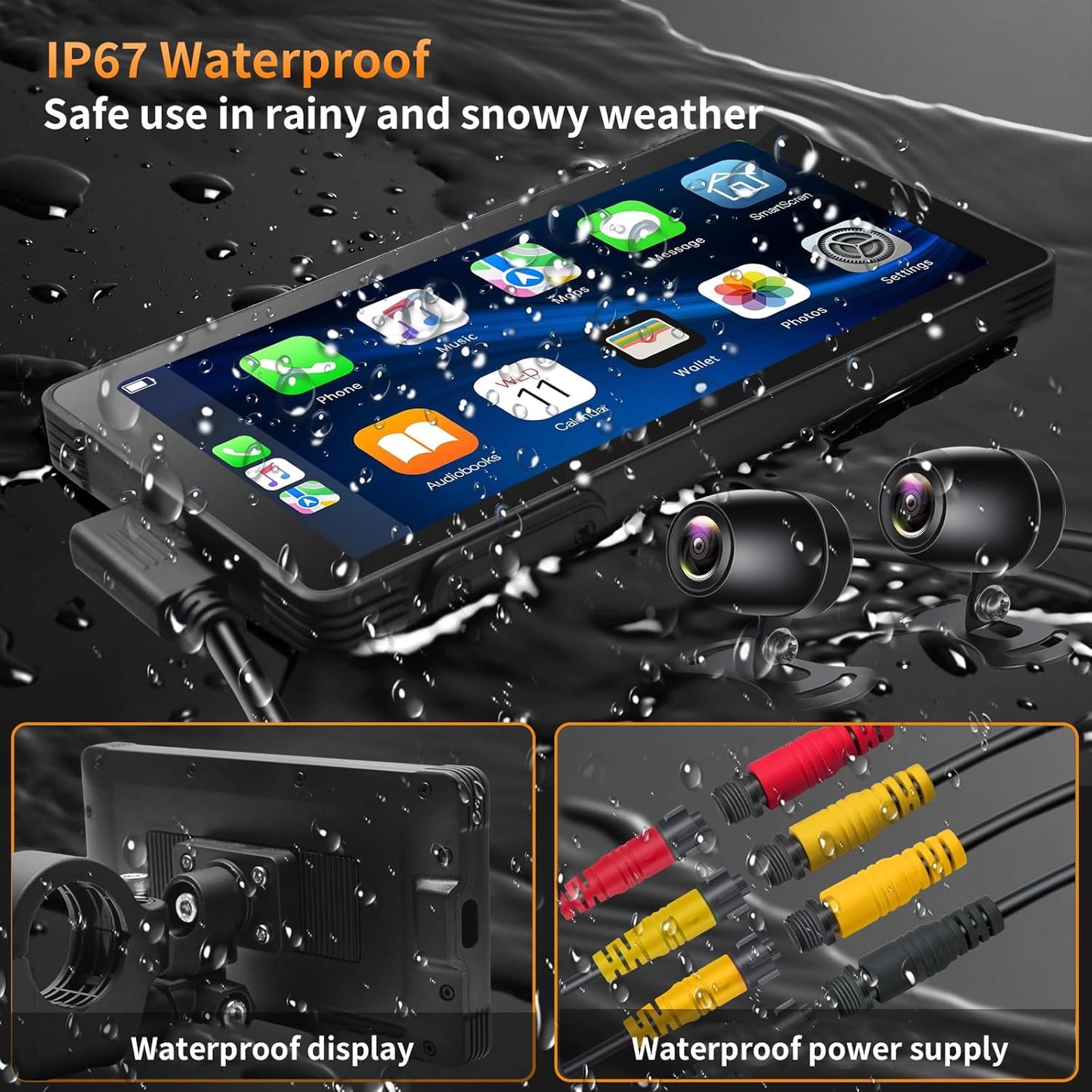 Portable Motorcycle Carplay with Wire Control,Wireless Carplay/Android Auto,Dual HD 1080P Cameras,5.5 Inch IPS Touch Screen, Dual Bluetooth, IP67 Waterproof, Siri & Google Voice, 64 TF Card